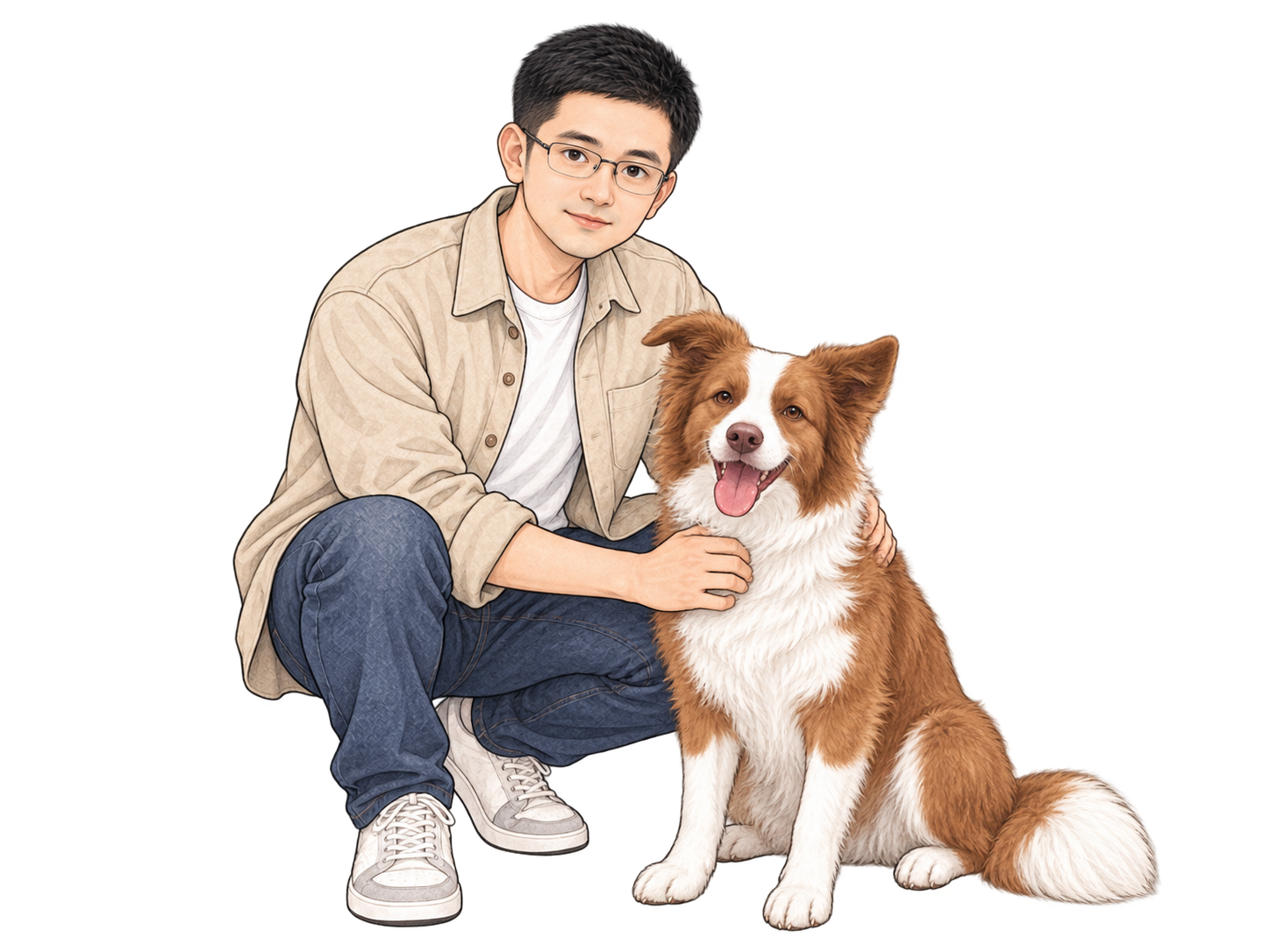 Zack 蹲下陪着棕白边牧囡囡
